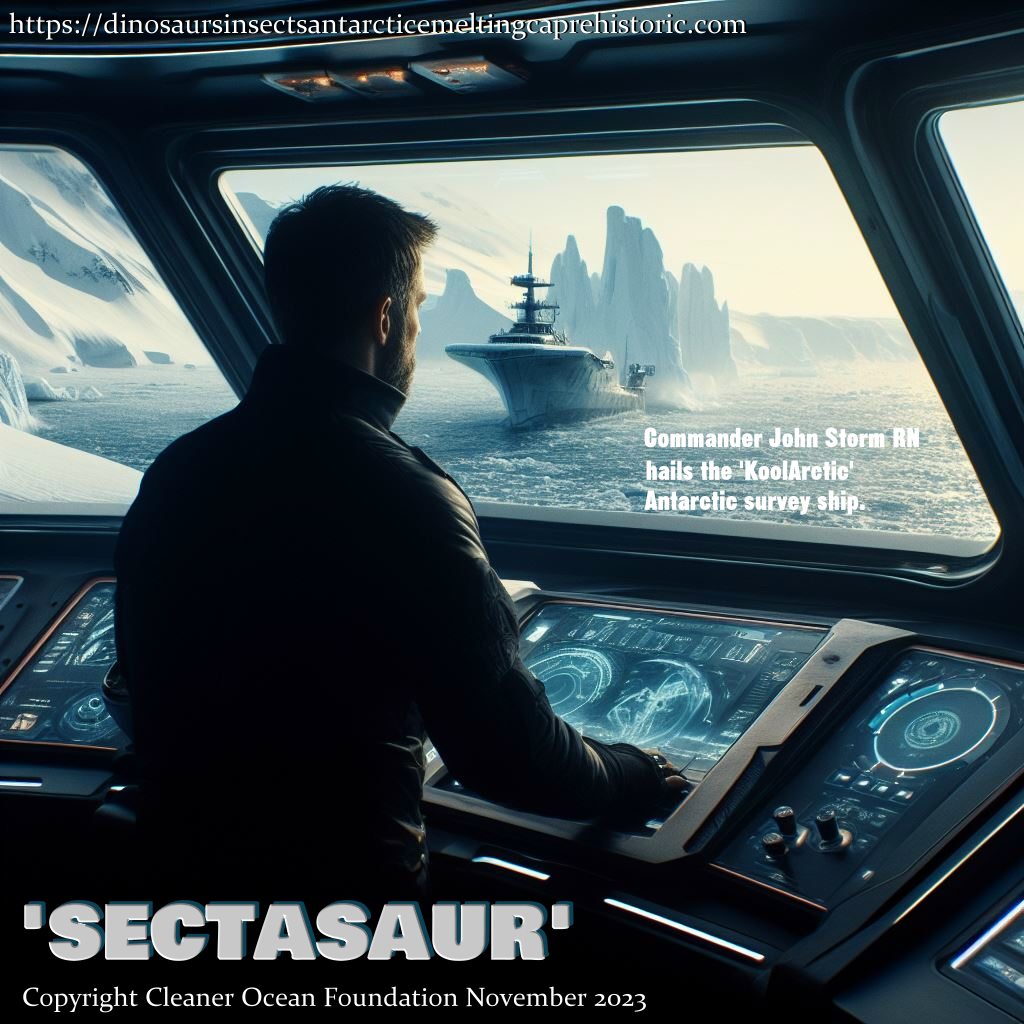 Helm of the Elizabeth Swann, Master & Commander John Storm, British Royal Navy, hails the 'KoolArctic' Antarctic survey ship.